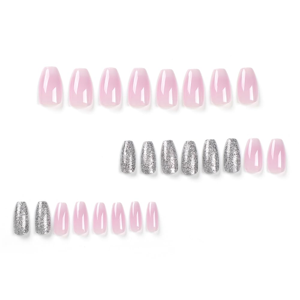 24 uñas postizas a presión color rosa, cuadradas, cortas, bailarina, ataúd, bailarina, uñas postizas a presión, diseño de purpurina degradada,