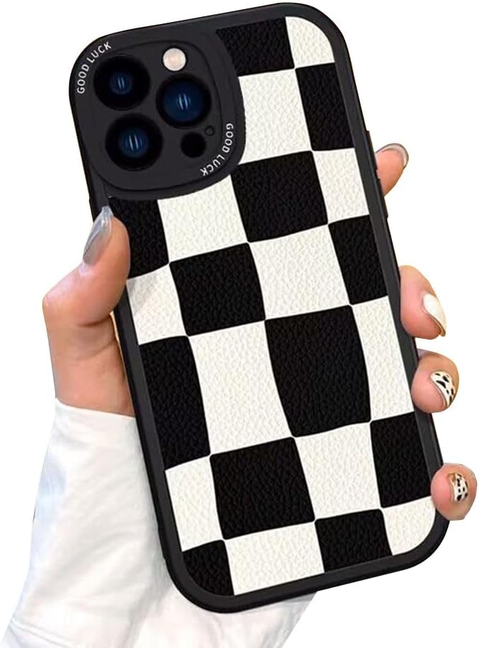 Casechics Funda compatible con iPhone, diseño estético retro clásico a cuadros, tablero de ajedrez a cuadros, protección de lente de cámara, suave a