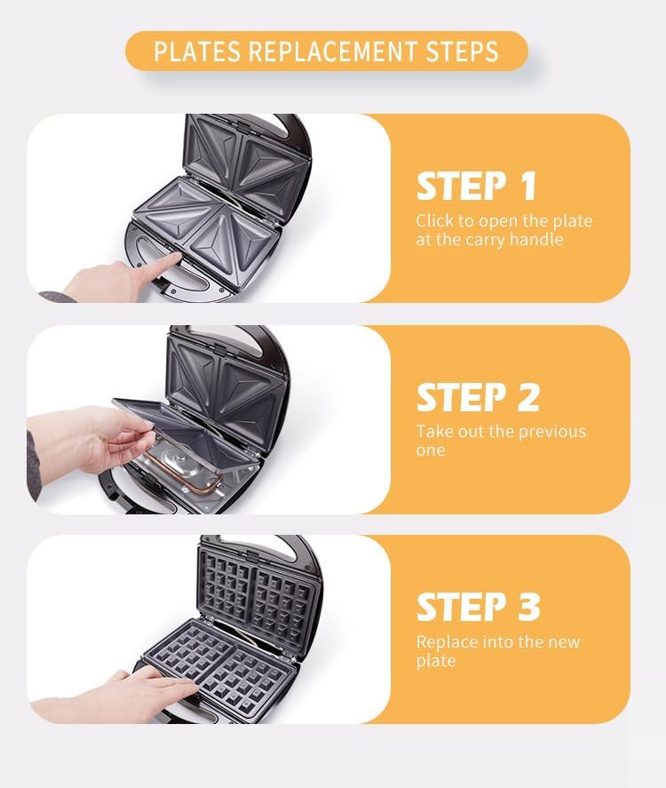 Máquina eléctrica de gofres tipo sándwich 3 en 1, tostadora de postre Panini con 3 platos antiadherentes extraíbles, juego de hierro intercambiable