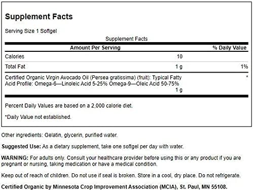 Swanson Aceite de aguacate  Suplemento natural lleno de ácidos grasos esenciales  Hecho con aceite de aguacate orgánico  (60 cápsulas blandas, 0.04