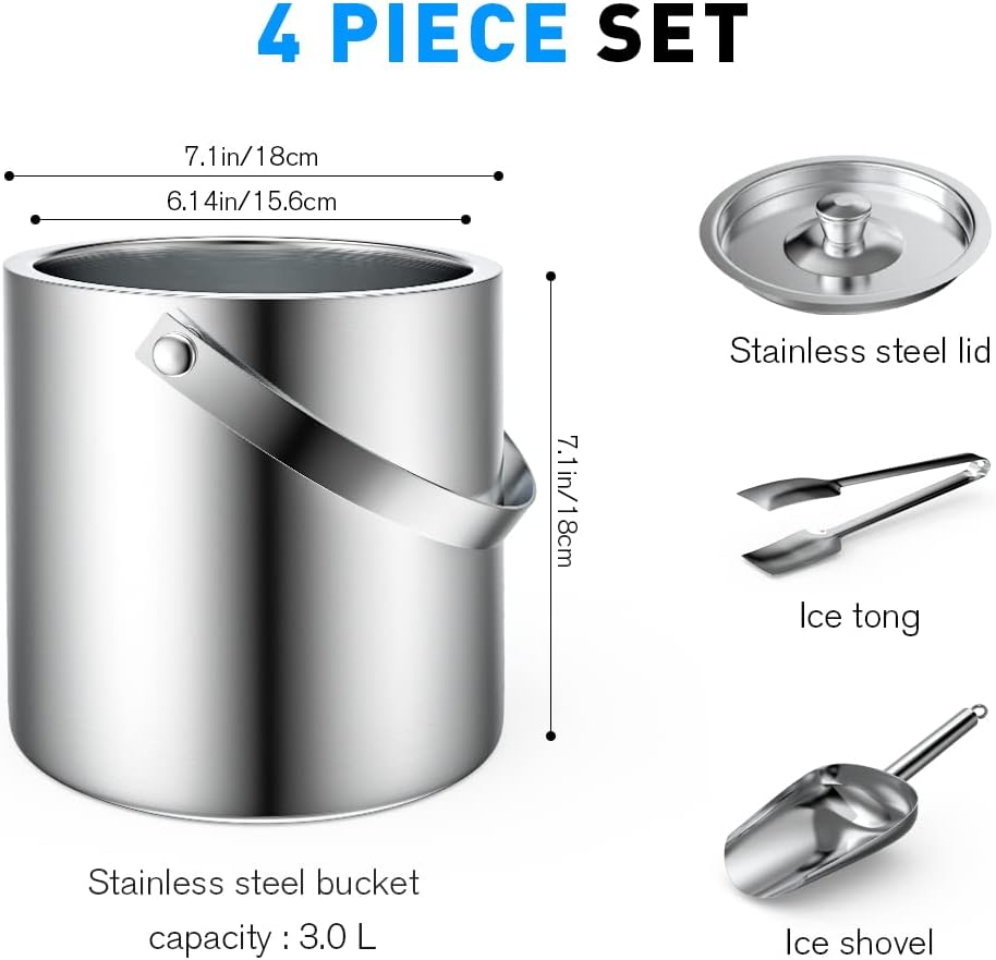3L Double Wall Stainless Steel Ice Bucket with Lid,Scoop,Tongs, Insulated Ice Bucket for Cocktail Bar and Parties