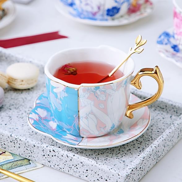 Pfedxoon Taza de té de porcelana de hueso con cuchara, juego de 3 piezas (7 onzas), tazas de capuchino, tazas de café, juego de tazas de té, tazas