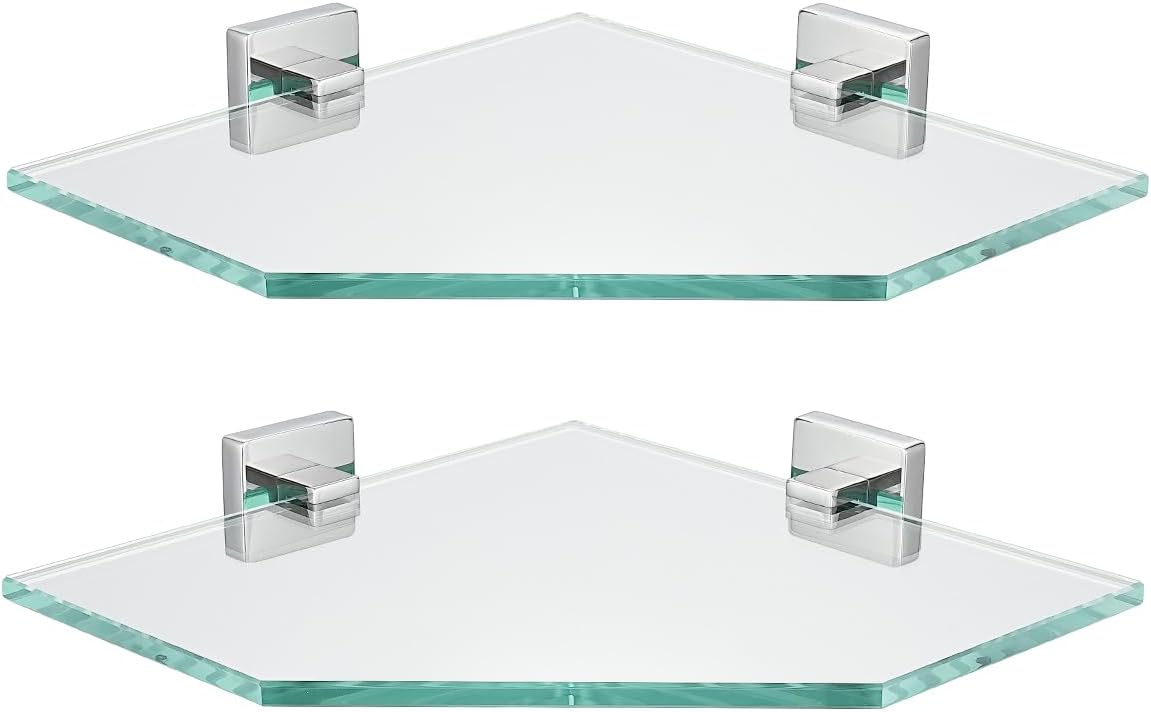 JQK TGS290L10-CH-P2 – Estante esquinero de vidrio cromado pulido para baño, acero inoxidable 304, estante flotante de pared de 10 x 10 pulgadas, 2