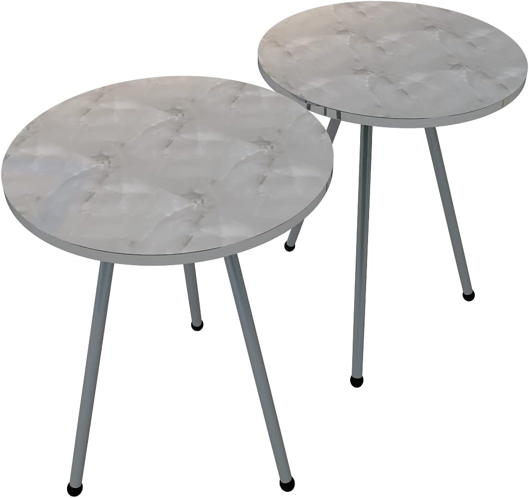 SUNRISE HOME DECOR – Juego de 2 mesas auxiliares redondas de madera con aspecto de mármol para espacios pequeños, mesita de noche, mesa de noche,