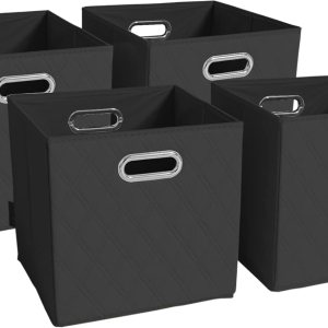 Juego de cuatro cubos de almacenamiento plegables de piel sintética con patrón de diamante negro de 11 pulgadas con asas dobles para sala de estar, Juego de cuatro cubos de almacenamiento plegables de piel sintética con patrón de diamante negro de 11 pulgadas con asas dobles para sala de estar,