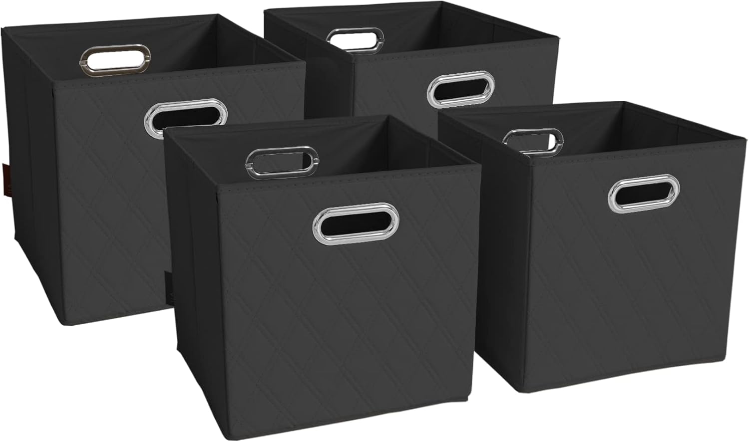 Juego de cuatro cubos de almacenamiento plegables de piel sintética con patrón de diamante negro de 11 pulgadas con asas dobles para sala de estar,