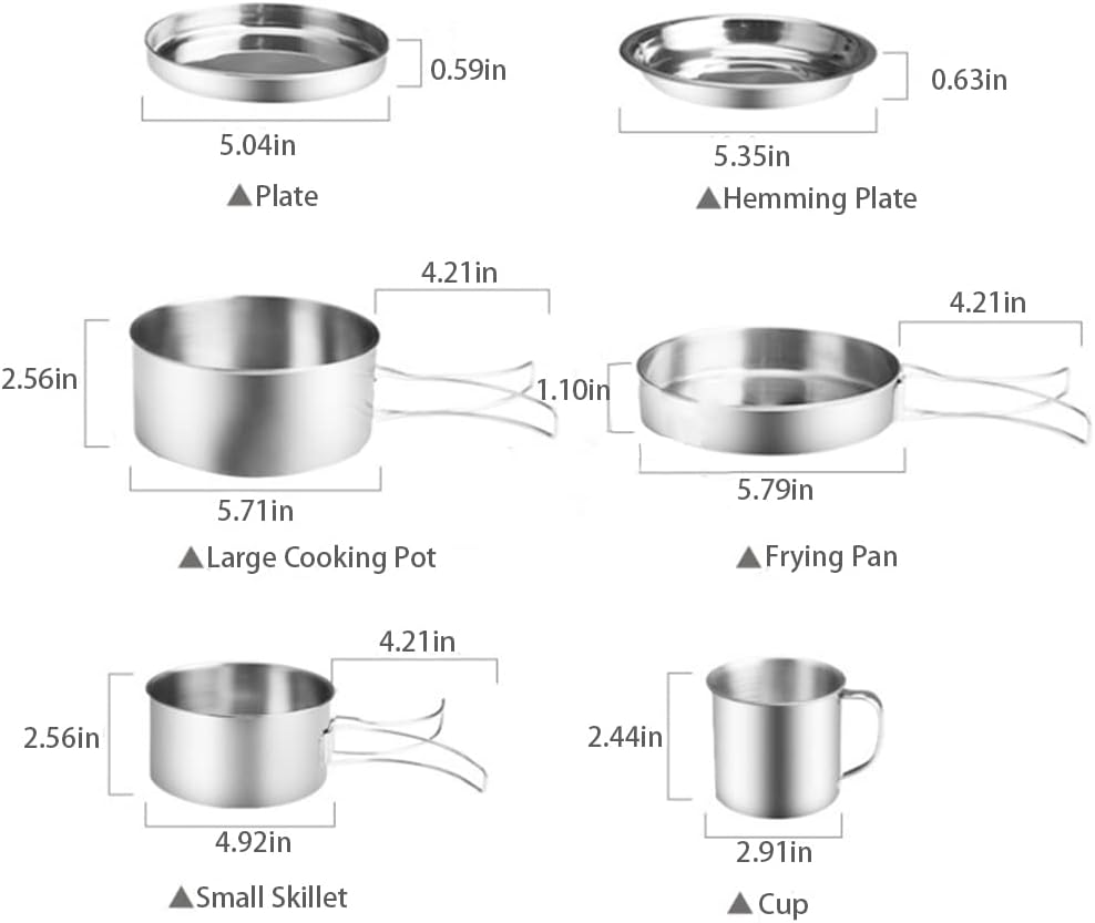 Juego de 8 utensilios de cocina para acampar para 2 personas, de acero inoxidable, compacto, juego de cocina, ligero, para mochilero, para acampar y