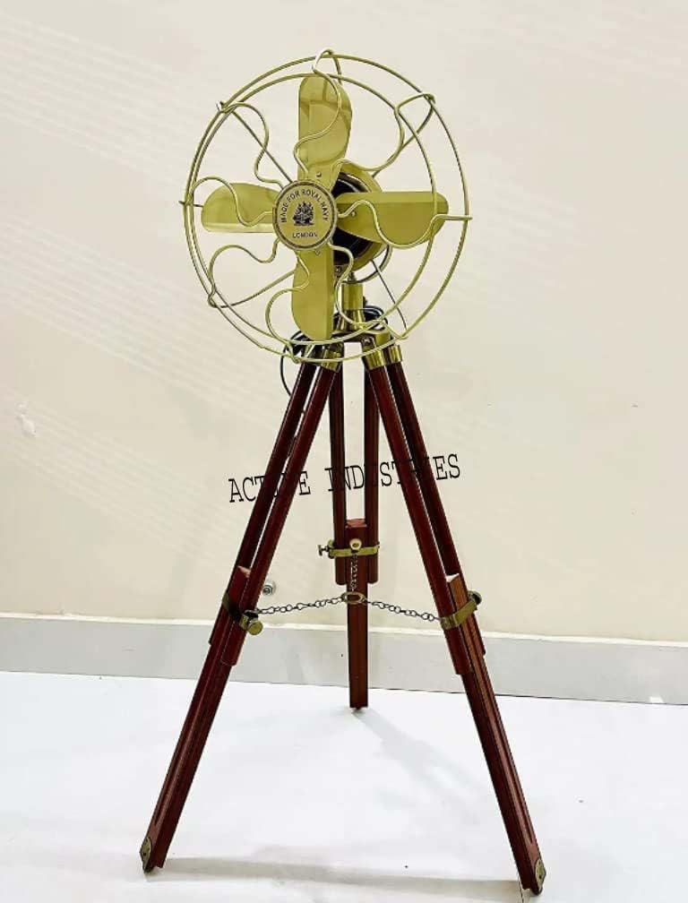 ACTIVE INDUSTRIES Ventilador de piso antiguo hecho a mano, ventilador azul marino real con trípode de madera marrón 45 pulgadas