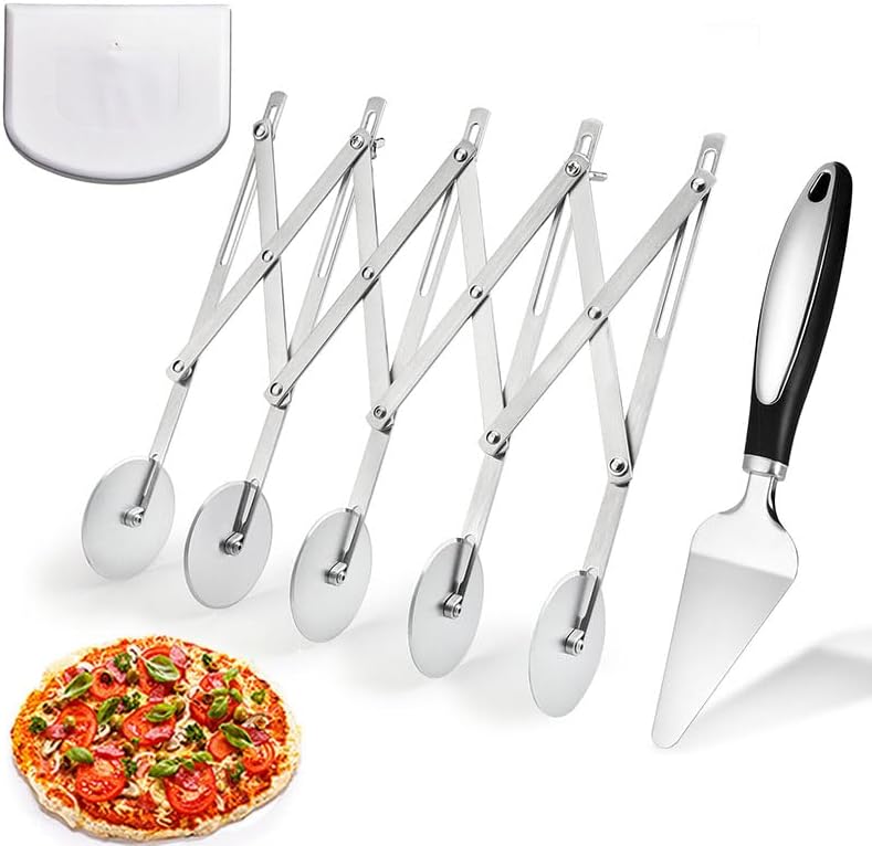 Juego de 3 cortadores de masa de acero inoxidable de 5 ruedas con espátula de pizza y raspador de tazón de masa, rueda cortadora de pastelería