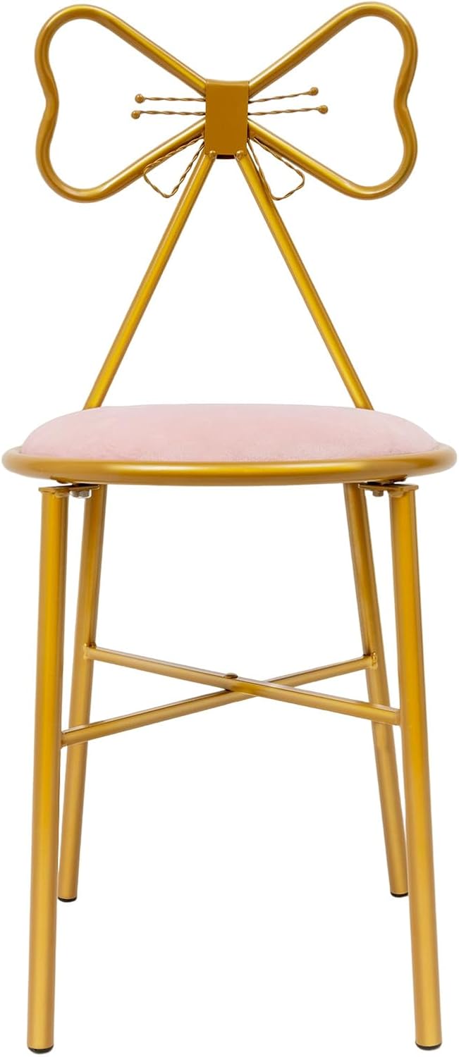 Silla de maquillaje de mariposa rosa, cojín de terciopelo con marco de metal dorado profundo, silla de descanso con respaldo de lazo y cojín de