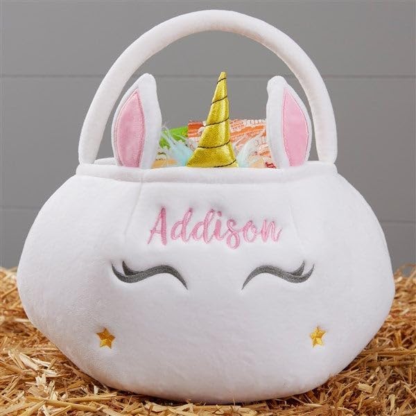 Personalization Universe Bolsa de felpa bordada de unicornio para Halloween, personalizable con cualquier nombre, perfecta para rellenar cestas de