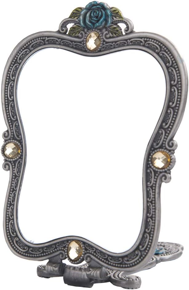 Juego de peine de espejo antiguo, espejo de maquillaje de mano de metal vintage con un peine de rosa rusa en relieve, espejo de mano de viaje
