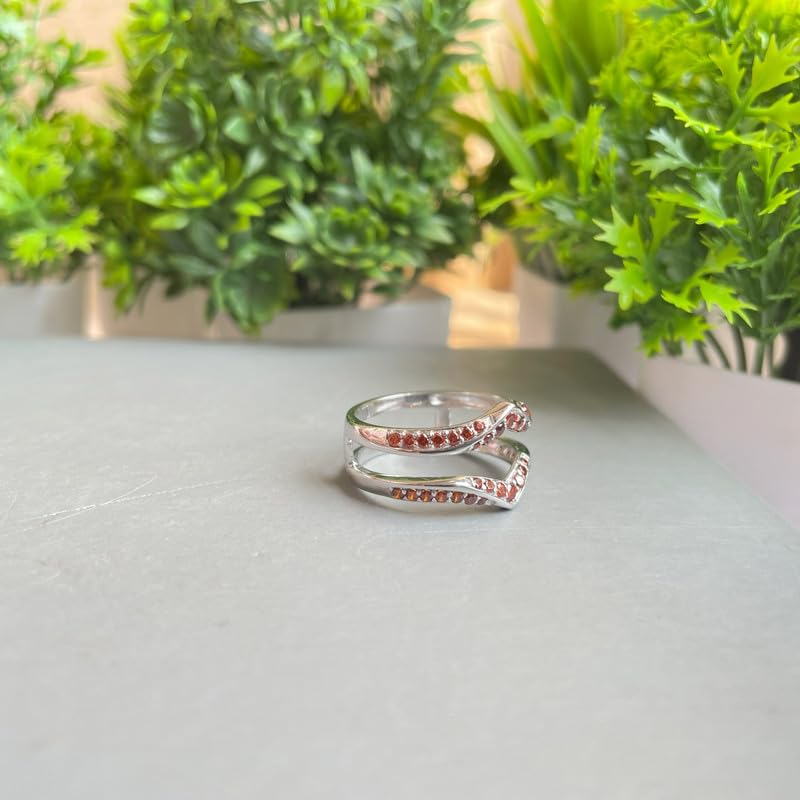Red Garnet V Shaped Enhancer Guard For Women, 14k White Gold Finish Garnet Anniversary Wrap Ring, Anniversary Band