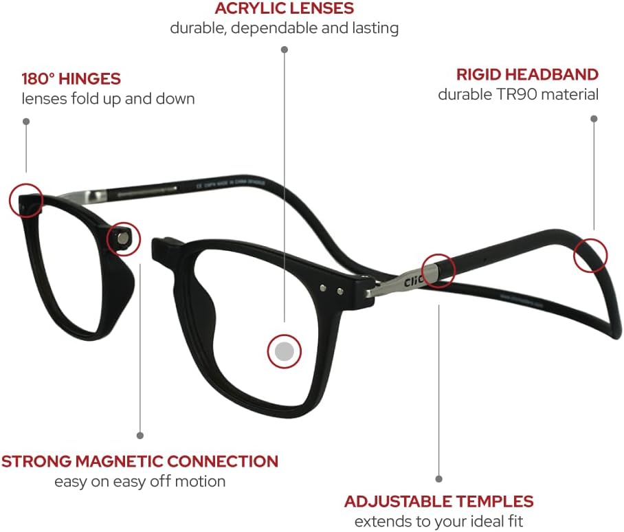 Clic Lentes de lectura magnéticos, lectores de computadora, lentes reemplazables, patillas ajustables, Manhattan, (S-M, negro, aumento de 1.25)