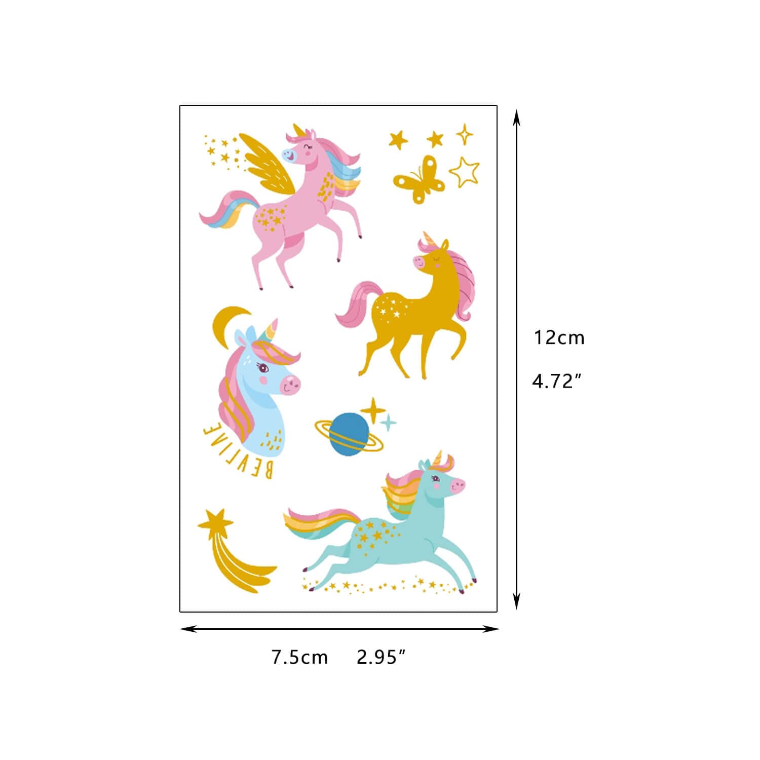 Yarlilyan 60+ Tatuajes de unicornio metálico dorado colorido de dibujos animados para recuerdo de fiesta de cumpleaños, calcomanía de tatuaje