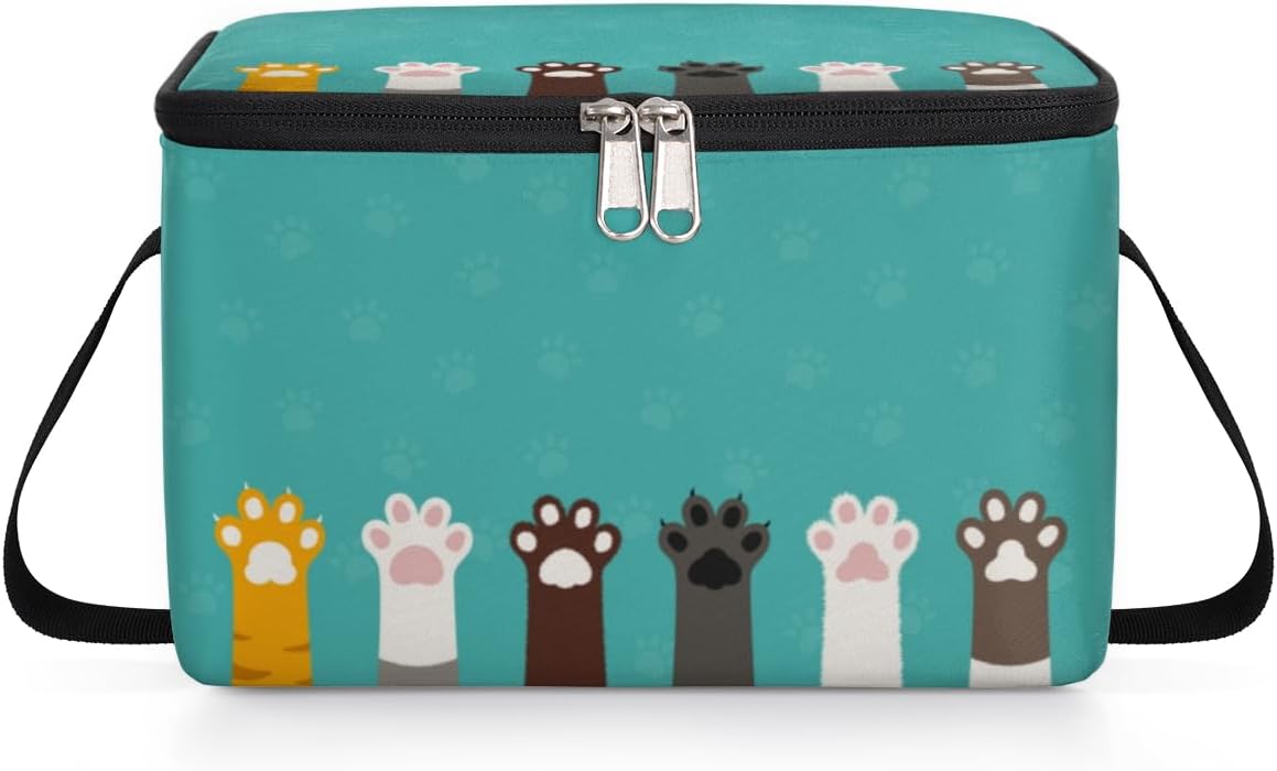 Lonchera con estampado de patas de gato, aislada, reutilizable, grande, con hombro ajustable y cremallera, bolsa de lona para oficina, trabajo,