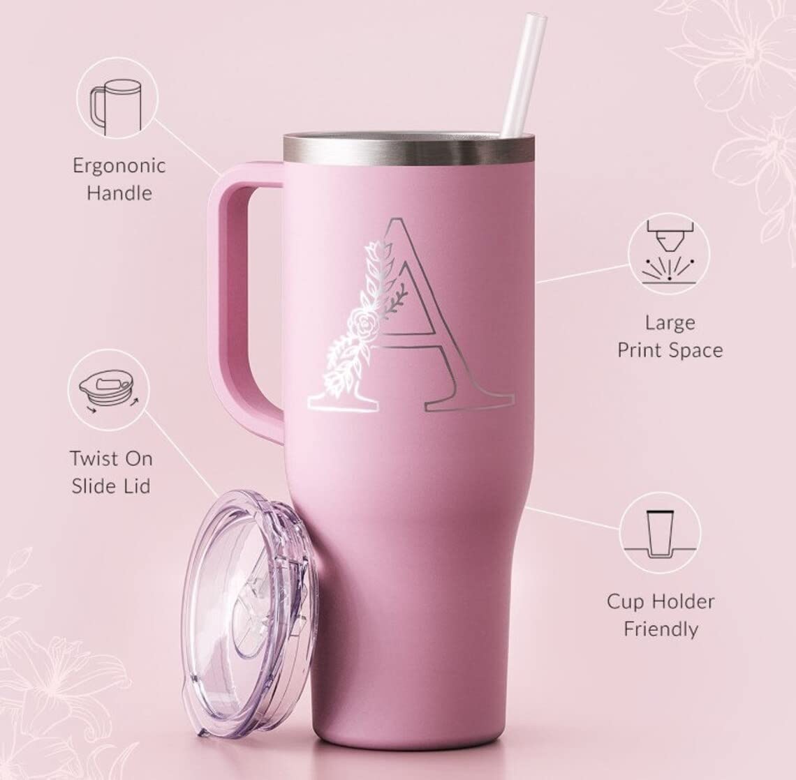 Personalized Tumbler with Handle, Travel Mug, 40oz Stainless Steel Tumbler, Teacher Travel Mug with Straw, Charger Tumbler (Seaglass Matte)