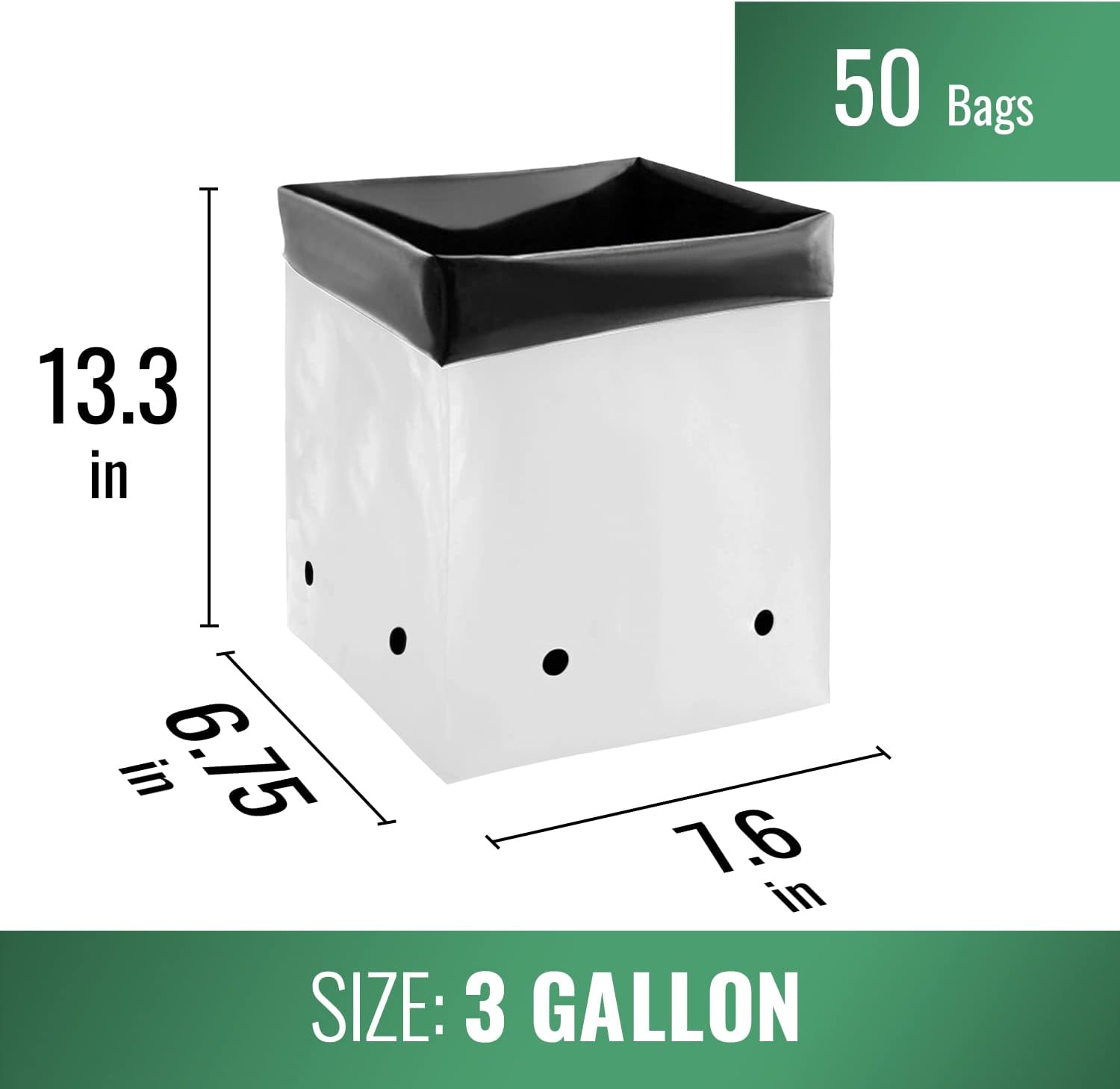 Grow1 Bolsas de cultivo de 3 galones (paquete de 50) bolsas de polietileno en blanco y negro para plantas, perfectas para bolsas de vivero de