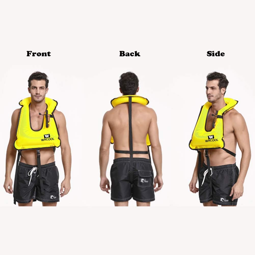 WACOOL Chaleco inflable de buceo, natación, buceo, gran flotabilidad de hasta 220 libras para adultos, jóvenes y niños