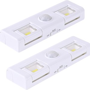 Paquete de 2 luces LED con sensor para armario, luces debajo del gabinete, iluminación de contador de ángulo ajustable, funciona con pilas, se pega Paquete de 2 luces LED con sensor para armario, luces debajo del gabinete, iluminación de contador de ángulo ajustable, funciona con pilas, se pega