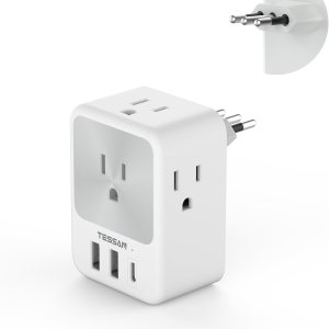 Adaptador de enchufe de viaje para Italia, adaptador de corriente TESSAN Italia con 4 tomacorrientes, 3 USB (1 puerto USB C), adaptador de enchufe Adaptador de enchufe de viaje para Italia, adaptador de corriente TESSAN Italia con 4 tomacorrientes, 3 USB (1 puerto USB C), adaptador de enchufe