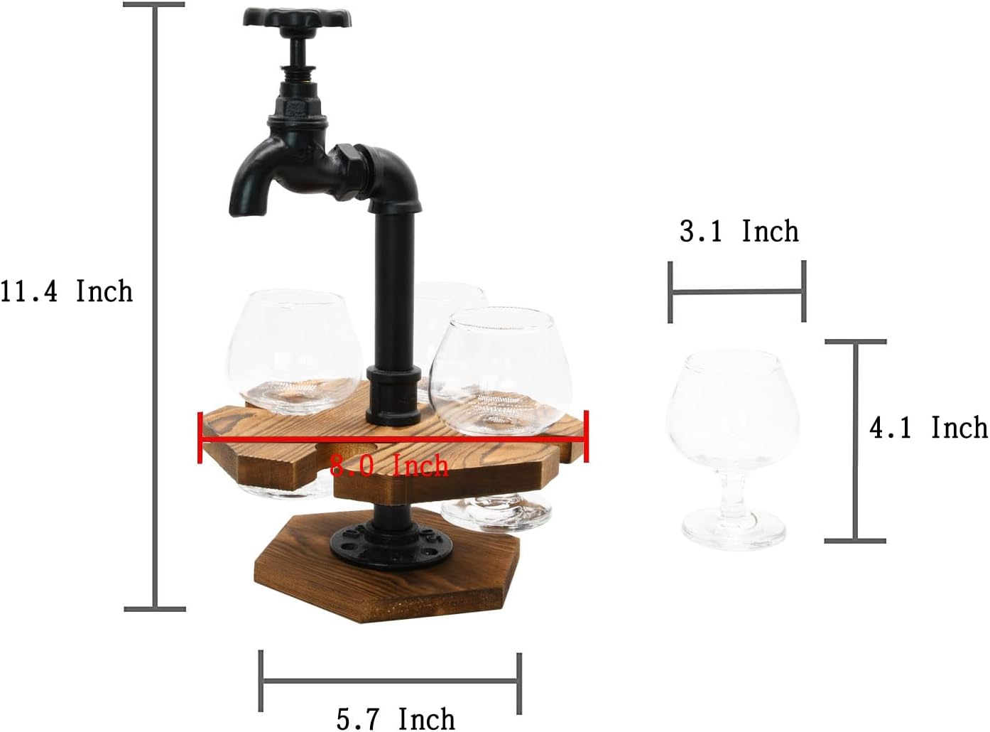 Owlgift Tubo industrial y madera quemada CervezaWhisky Vuelo Set con 4 vasos, grifo de hierro fundido diseño de espita