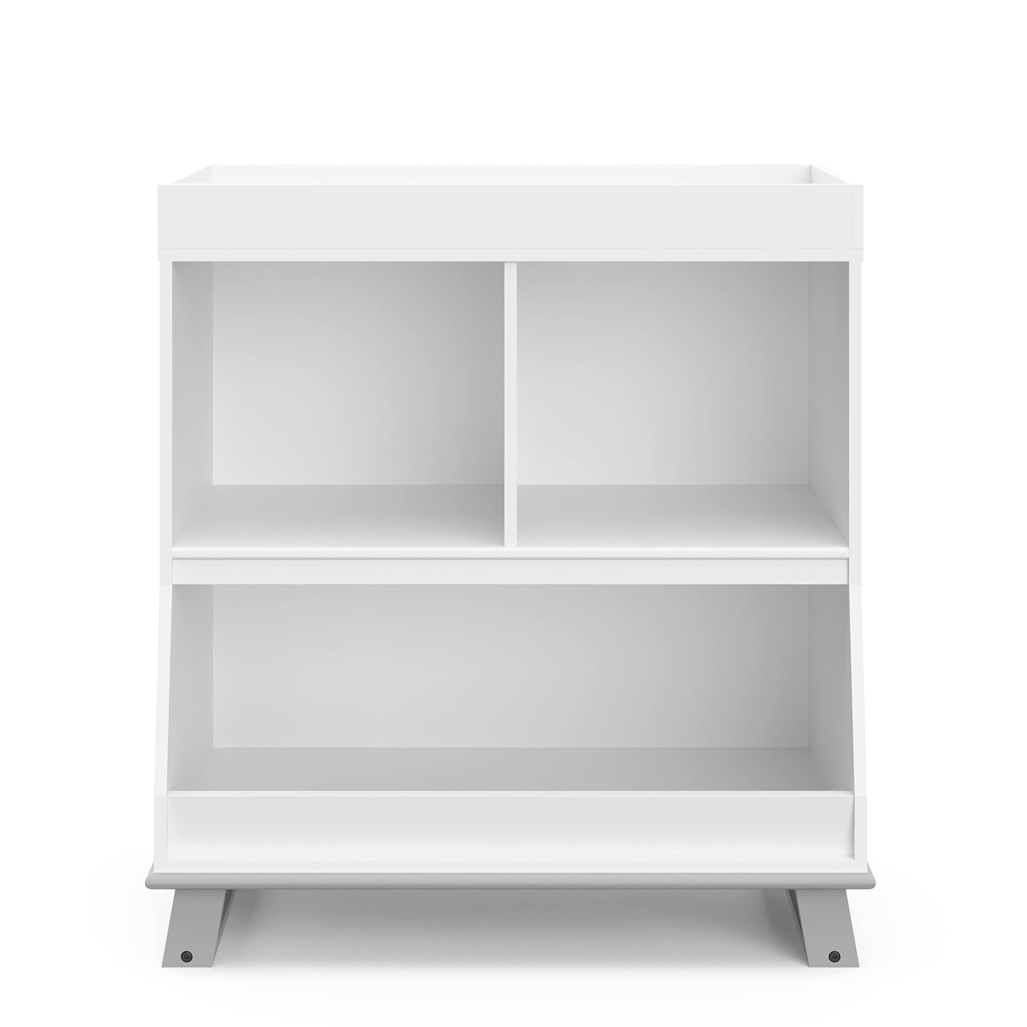 Storkcraft – Moderna mesa cambiadora con almacenamiento (blanco con gris guijarro)  Certificado GREENGUARD Gold, cambiador extraíble, se adapta a