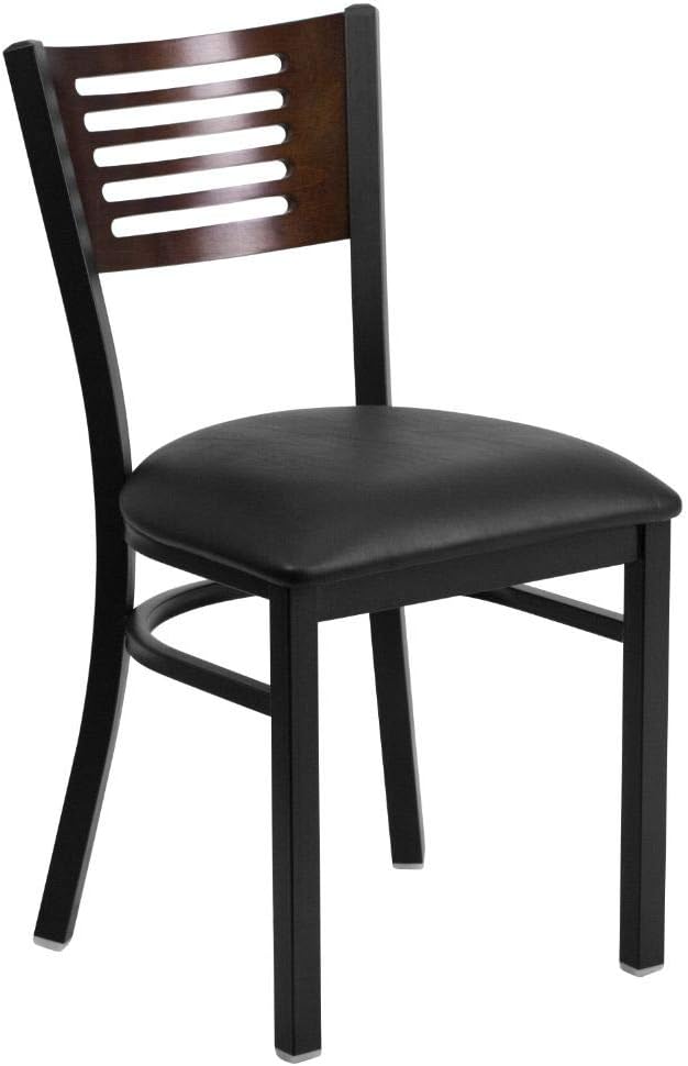 Flash Furniture HERCULES Series Silla de restaurante de metal con respaldo de listones negros, respaldo de madera de nogal, asiento de vinilo negro