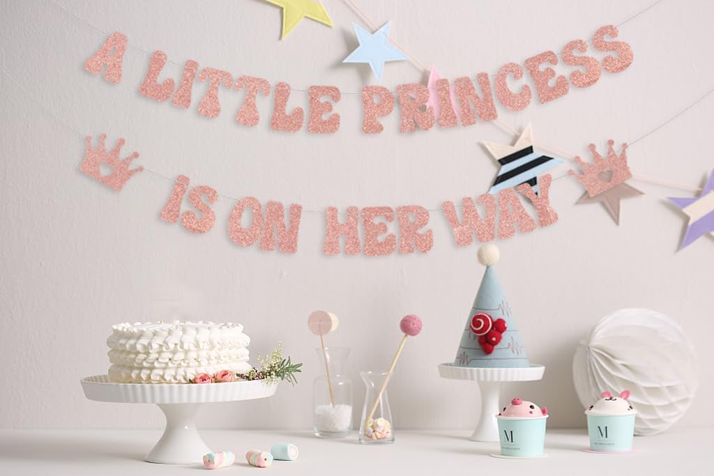 Cartel con texto en inglés “A Little Princess is on her Way”, decoraciones de princesa para baby shower, corona de revelación de género, suministros