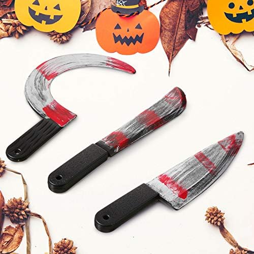 Cuchillo de Halloween de 3 piezas, cuchillo falso, machete de juguete, plástico para Halloween, carnicero, hoz, arma. Prop decoración de fiesta de