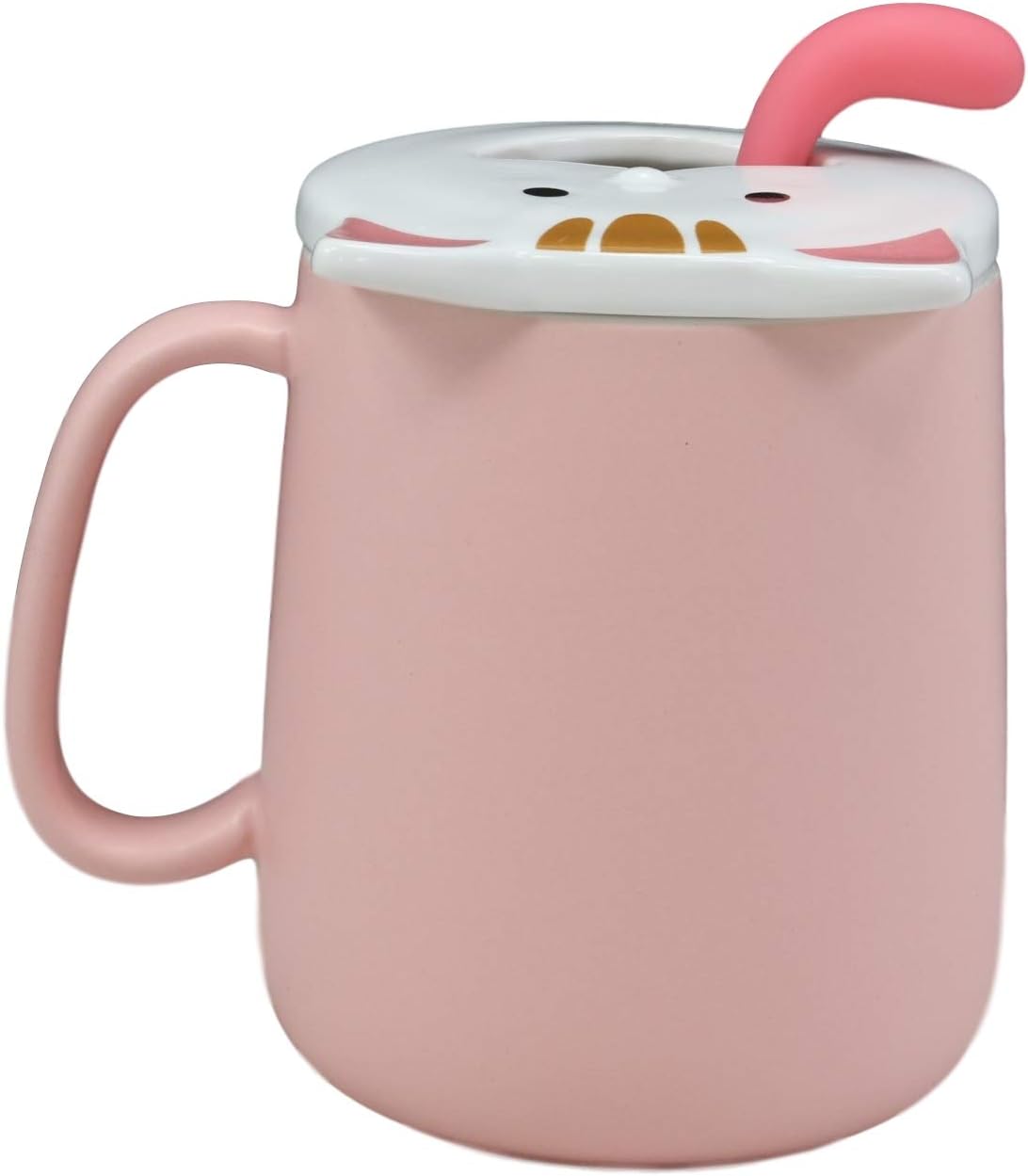Ebros – Taza de café de porcelana con mango en forma de lengua, cuchara y tapa de cara sonriente, taza de café o té de porcelana, 14 onzas, para