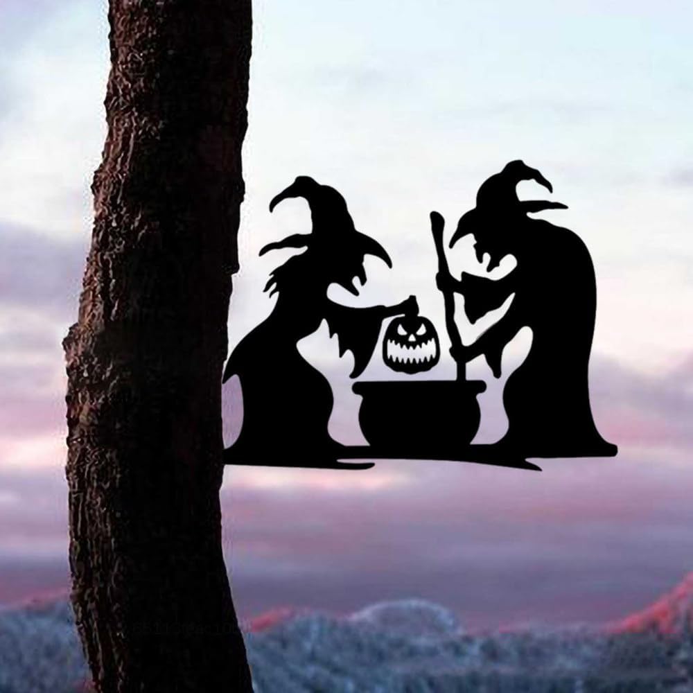 Decoración de silueta de bruja de Halloween para exteriores, 2 brujas negras grandes con caldero, silueta aterradora, reflectantes, impermeables, de