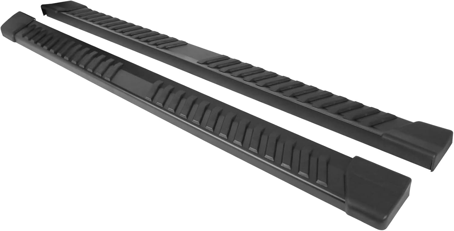 IKON MOTORSPORTS, Estribos compatibles con Ford F150 SuperCrew Cab 2015-2023, estilo V, barra lateral de acero negro con barra Nerf