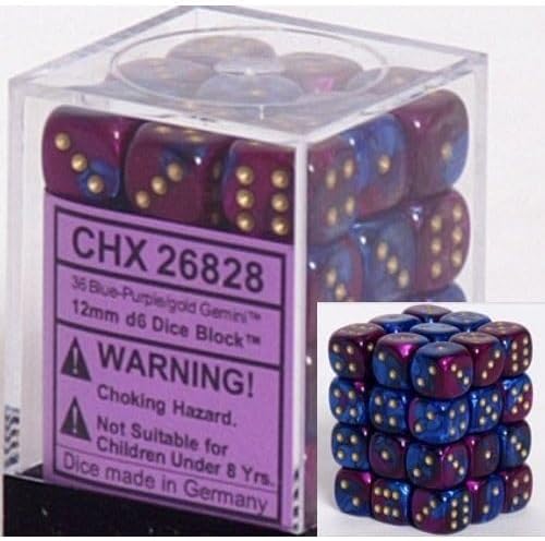 Chessex Gemini – Dados de 6 caras, color azul y morado con pipas doradas, tamaño 0.472 in, bloque de dados de 36