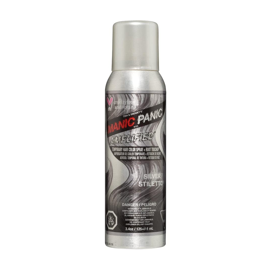MANIC PANIC Silver Stiletto – Tinte en aerosol para el cabello, tinte instantáneo amplificado temporal, se lava fácilmente, tono plateado helado con