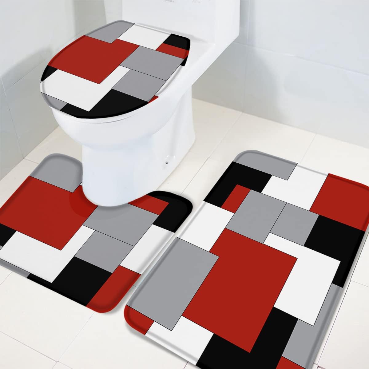 Queenker Juego de 3 alfombras de baño geométricas rojas, funda de asiento de inodorotapete de piso de bañoalfombra de contorno para baño, negro,