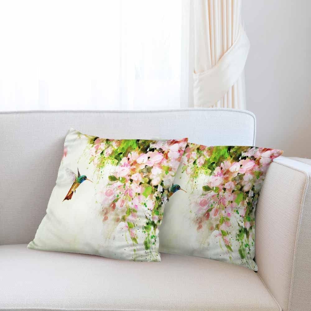 Beabes Fundas de almohada de colibrí volador y flores rosadas, pintura al óleo, 18 x 18 pulgadas, fundas de almohada decorativas para sofá,