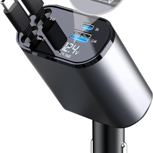 Cargador de coche retráctil 4 en 1 con cable USB retráctil dual, puerto USB A PD medidor de voltaje adaptador de encendedor de cigarrillos USB para Cargador de coche retráctil 4 en 1 con cable USB retráctil dual, puerto USB A PD medidor de voltaje adaptador de encendedor de cigarrillos USB para