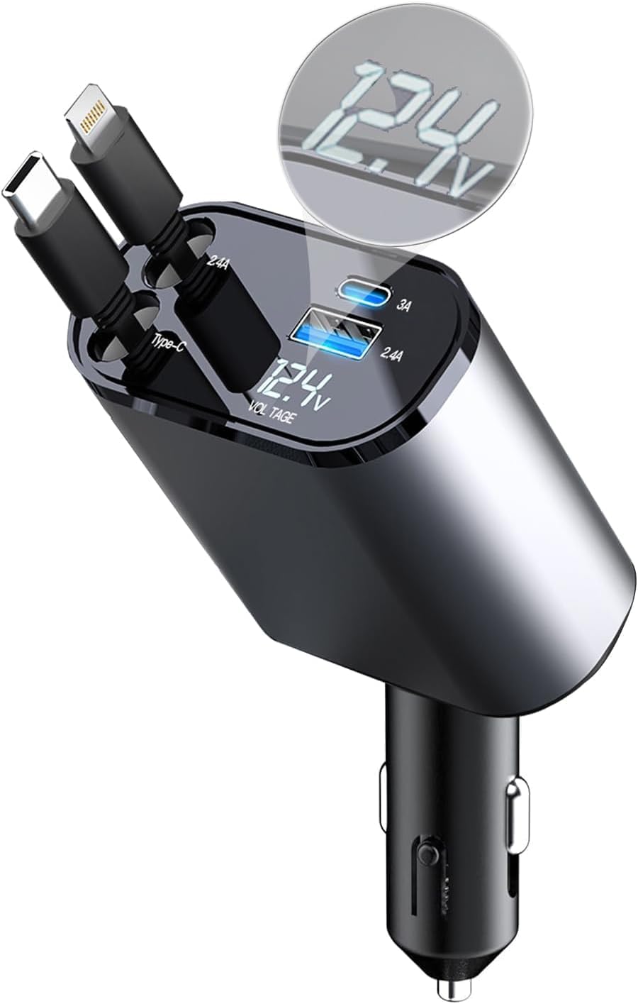 Cargador de coche retráctil 4 en 1 con cable USB retráctil dual, puerto USB A PD medidor de voltaje adaptador de encendedor de cigarrillos USB para