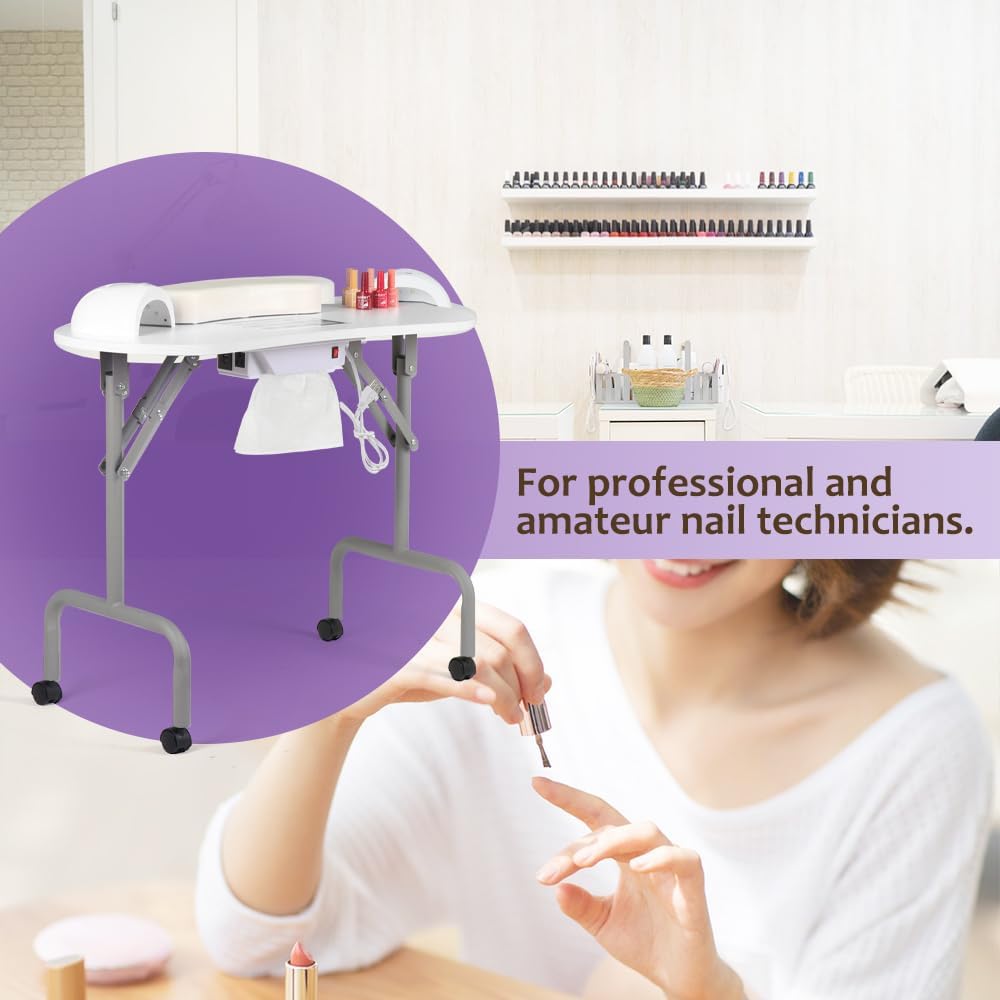 Mesa de manicura portátil plegable para uñas con estación de carga y colector de polvo, mesa profesional de tecnología de uñas para técnico, spa,