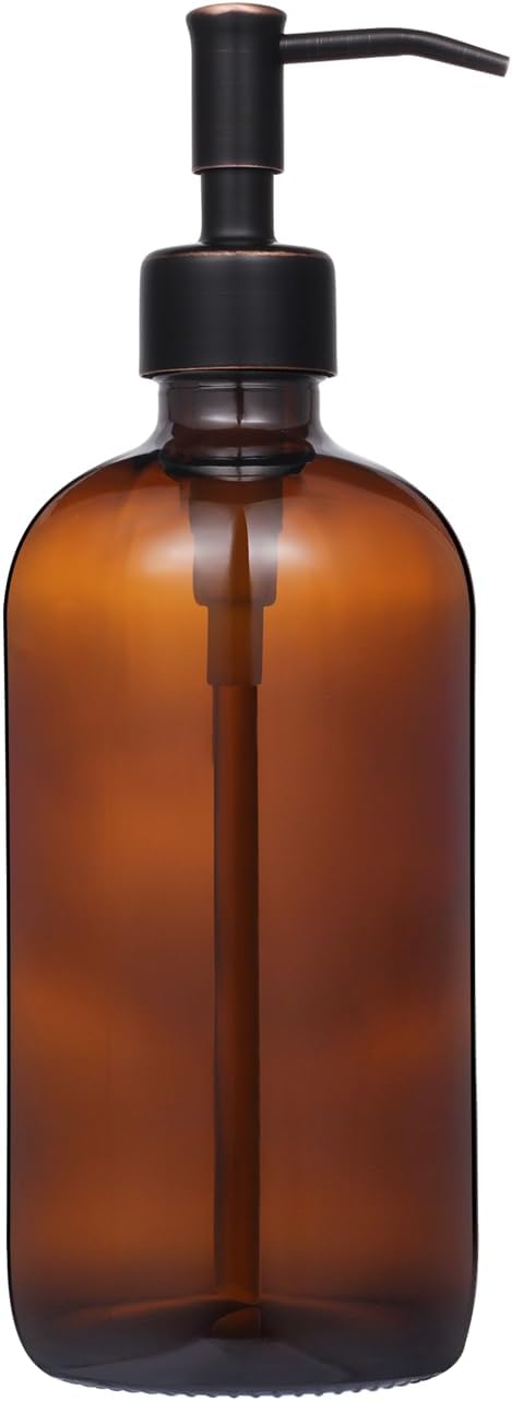 Dispensador de jabón en tarro de vidrio ámbar con bomba ORB, dispensador de botellas redondas de 16 onzas con bomba de acero inoxidable, juego de