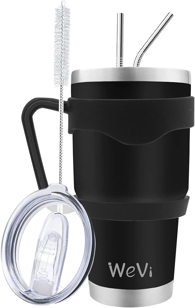 Wevi – Vaso con tapa y pajilla, vaso de acero inoxidable de 30 onzas para bebidas calientes y frías, vaso de café con asa, cepillo de limpieza y 2