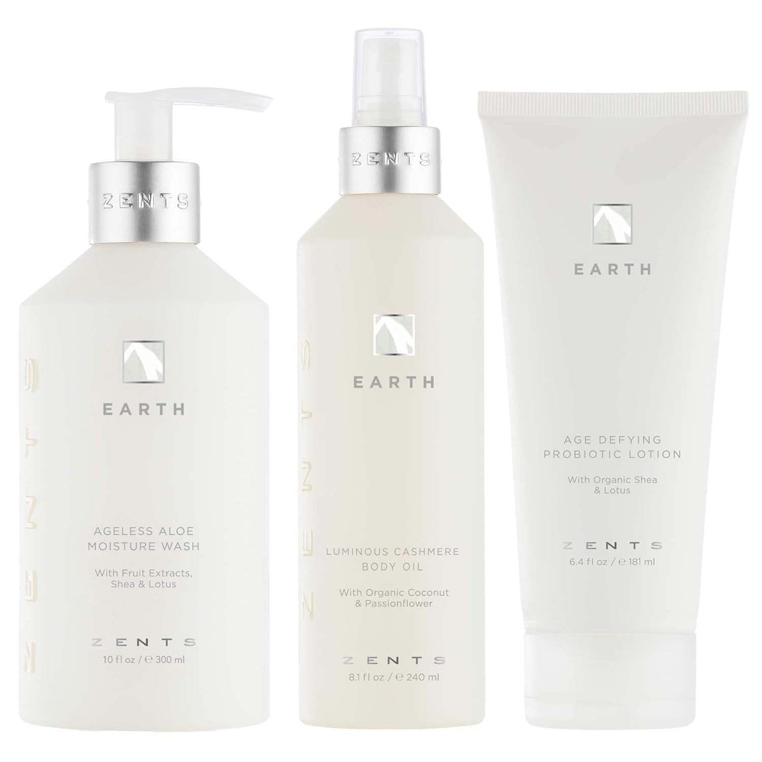 Zents Gel de baño, loción, juego de aceite de cachemira (tierra), combinación que desafía la edad para limpiar, hidratar y nutrir la piel seca, un