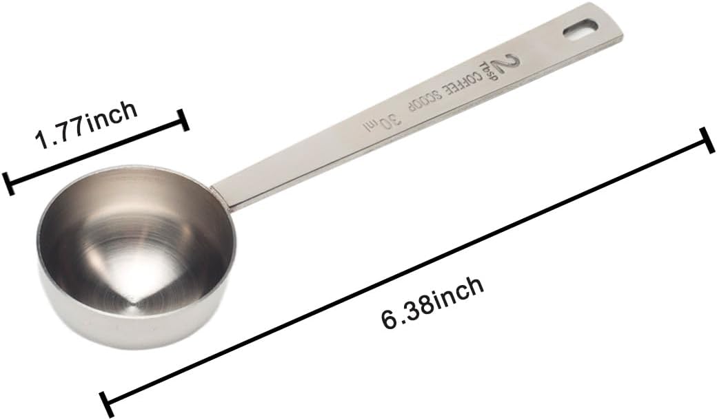 ASUNFO 2 cucharas medidoras de café de acero inoxidable 304, cuchara de mango largo, 2 cucharadas para café molido, té, azúcar en polvo, cocina