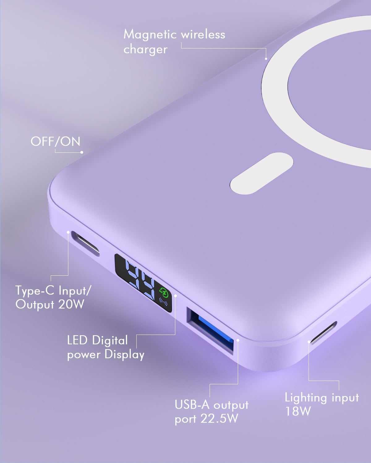 podoru Cargador portátil inalámbrico, banco de energía magnético plegable de 10000 mAh con cable tipo C, pantalla LED de 22.5 W PD de carga rápida,
