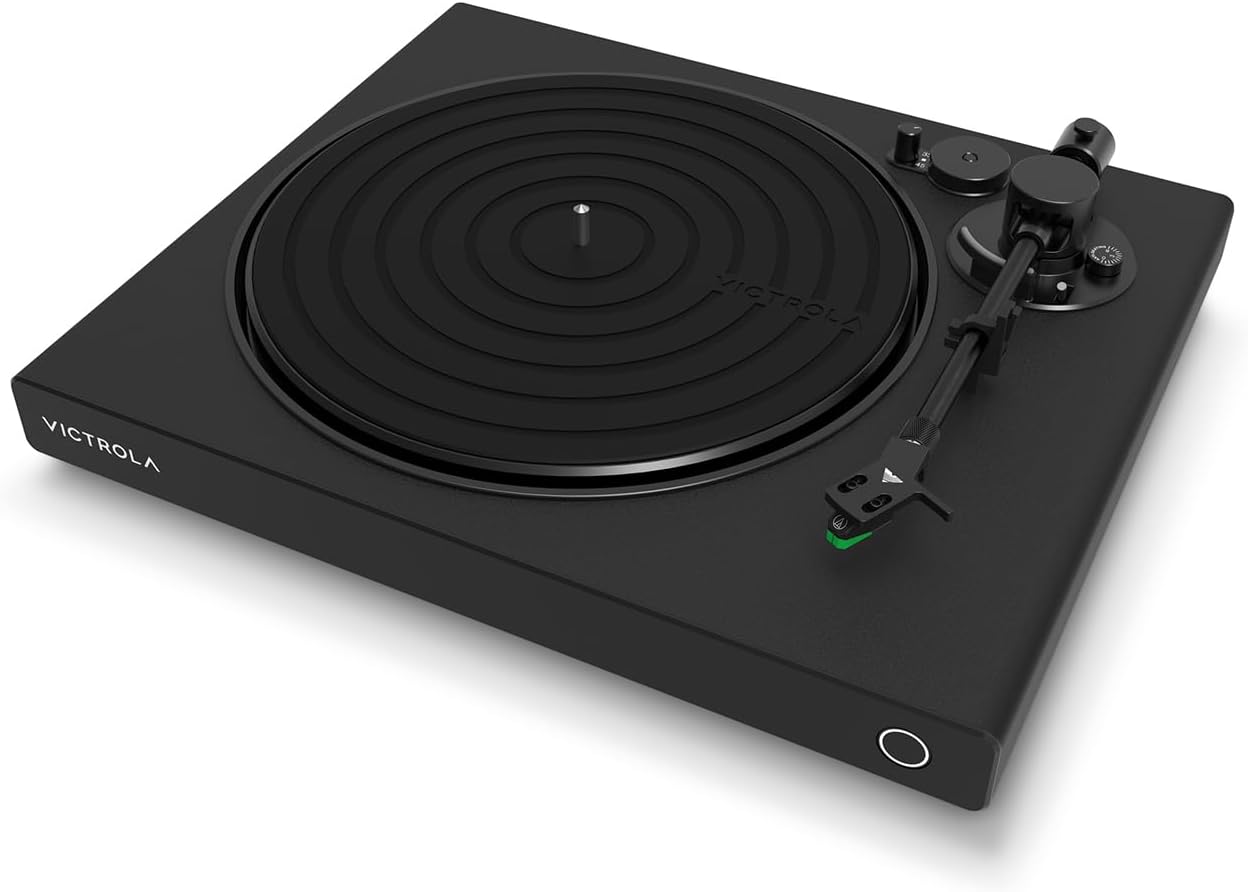 Victrola Reproductor de discos de vinilo negro de alta resolución, cartucho Audio Technica AT-VM95E, conectividad Bluetooth adaptativa aptX, salida
