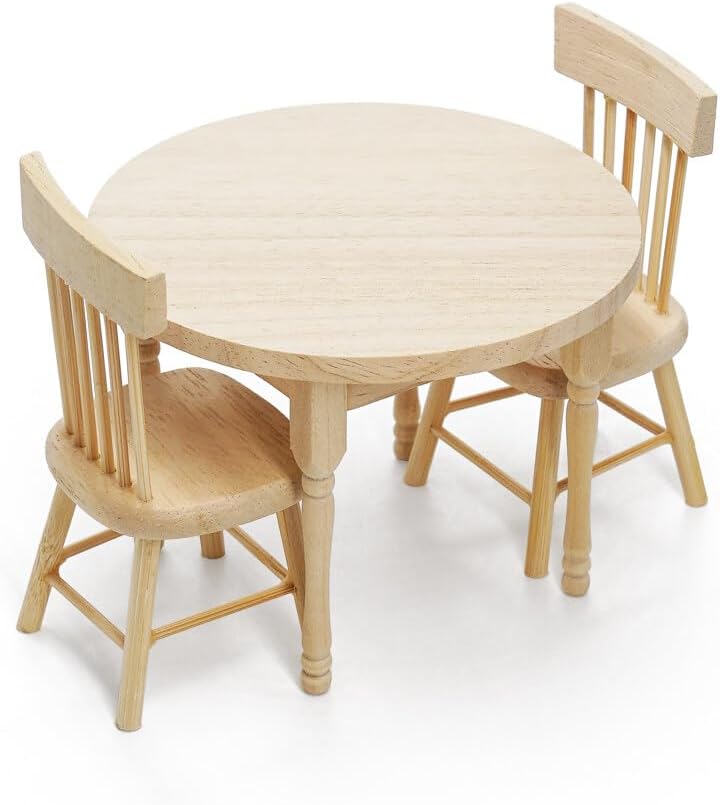 Odoria Mesa de comedor en miniatura 112 y 2 sillas, accesorios para muebles de cocina, Burlywood