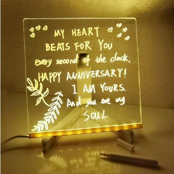 Tablero de notas LED con colores, tablero acrílico de borrado en seco con luz, pizarra de borrado en seco con soporte como un memo brillante,