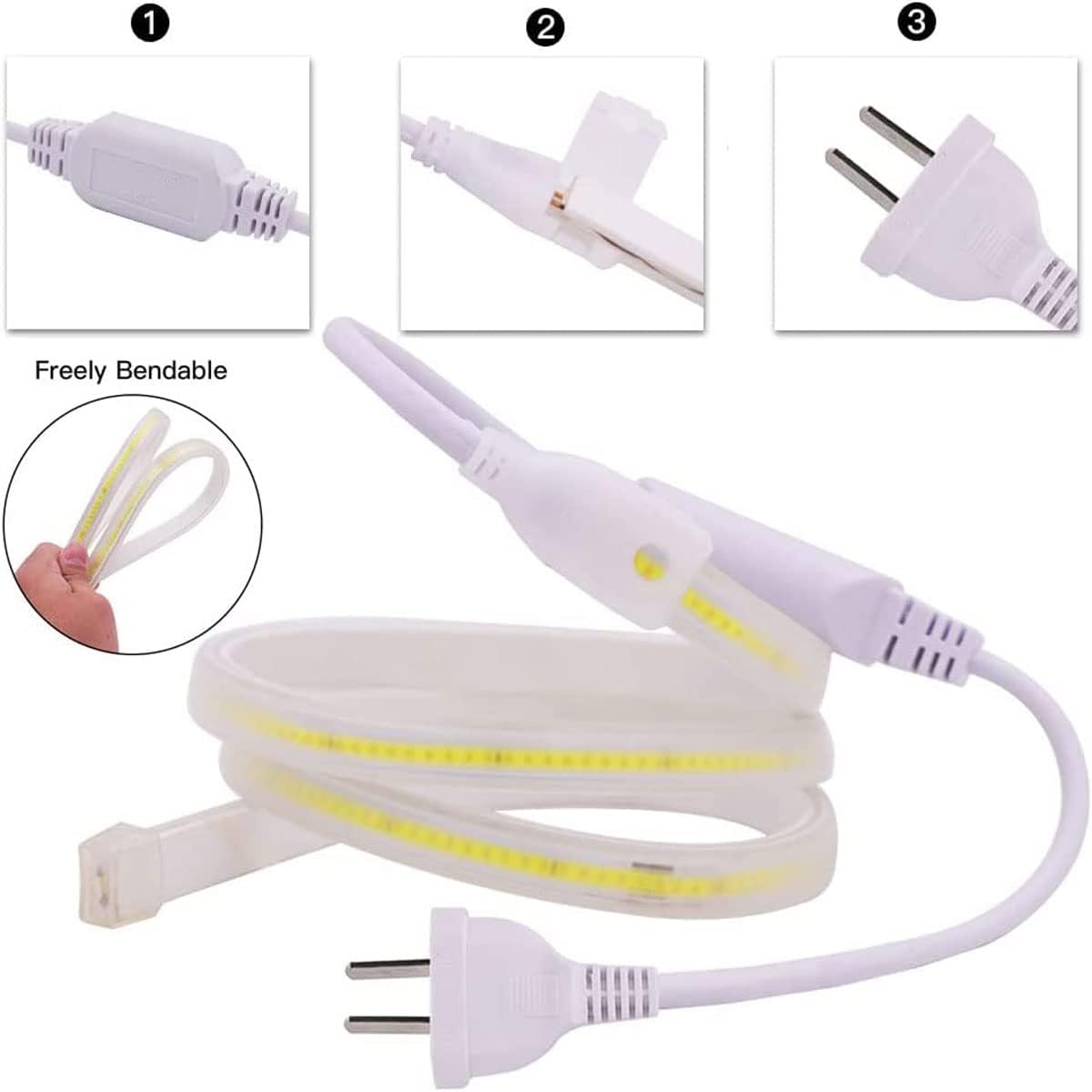 Tira de luces LED, 6.6 pies, AC110-130 V, alta densidad, 360 LEDsM, tira de luz COB, 7200 lm, súper brillante, regulable, impermeable, para