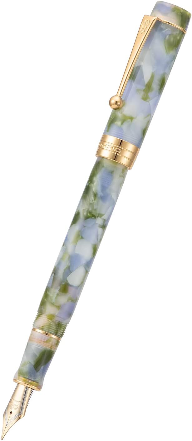 Jinhao – Pluma estilográfica clásica de celuloide azul y verde, punta extrafina con conveter y estuche para bolígrafos